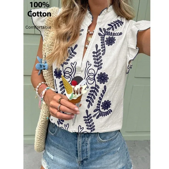Cotton White Button Down Shirt Blue Floral Embroidery Ruffle Cap Sleeves V-Neck - Picture 5 of 9